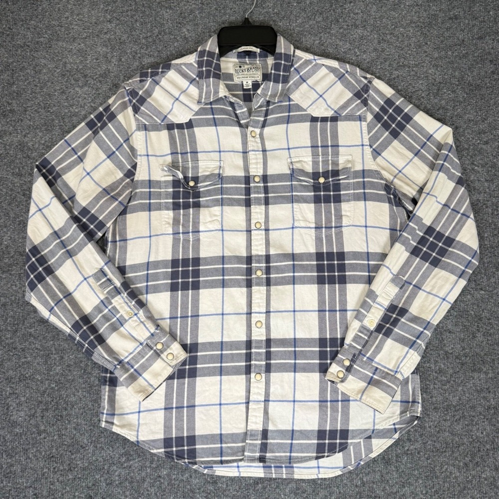 Lucky Brand Saturday‎ Stretch Plaid Western Shirt Mens Medium Blue Snap Casual
